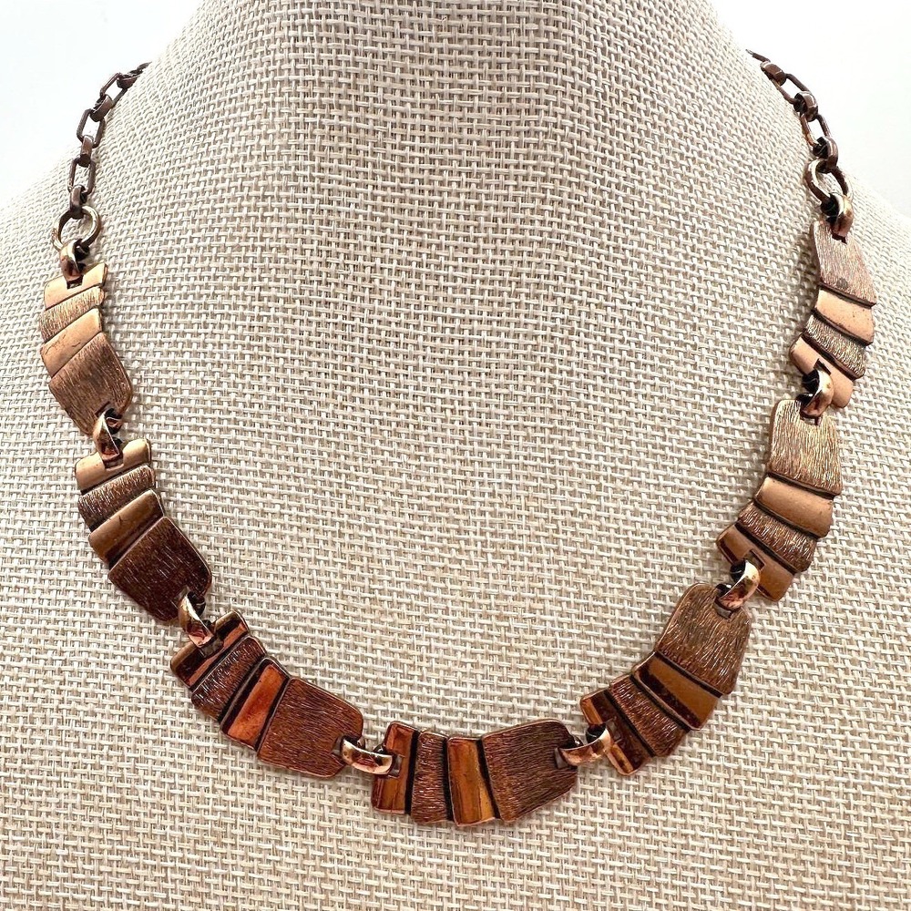 Vintage 90s Copper Tone Textured Panel Collar Necklace Boho Women's Jewelry Boho